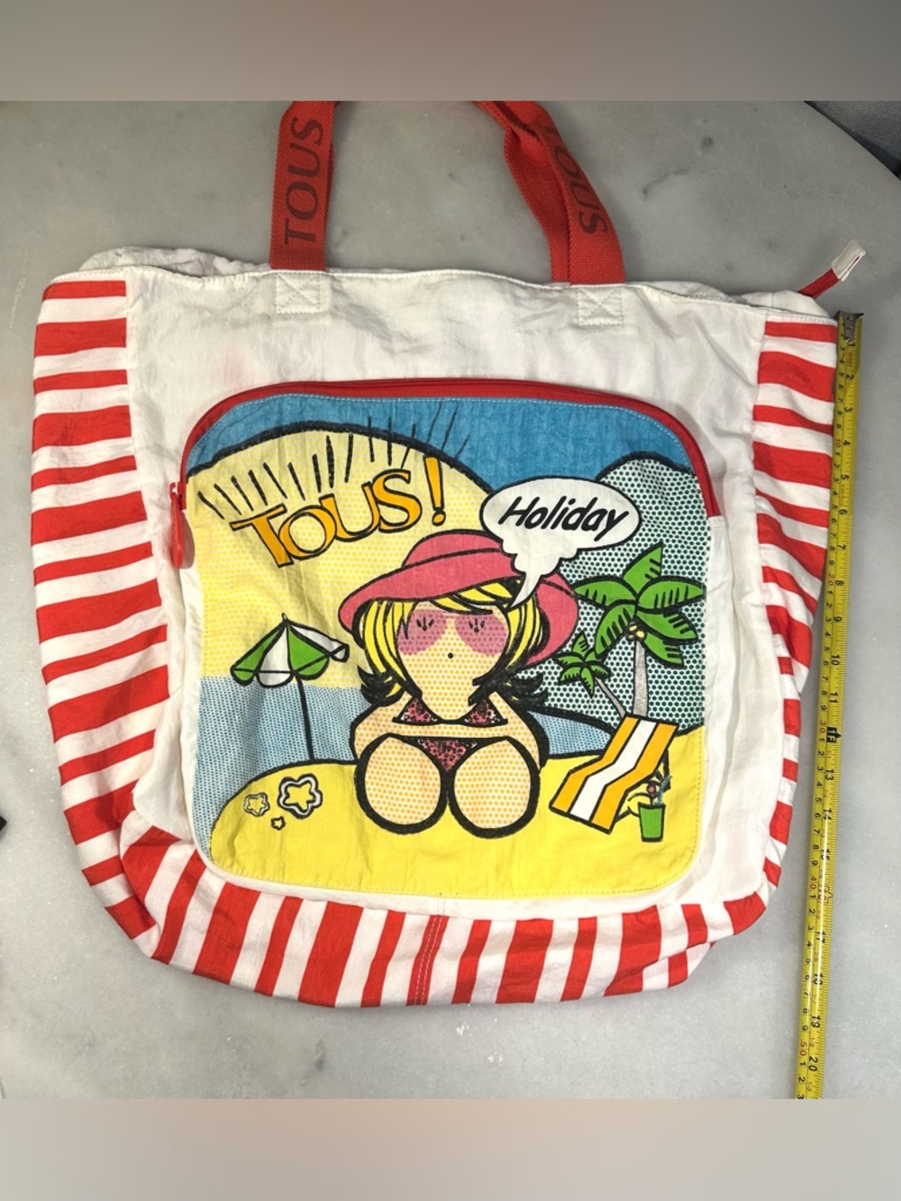 TOUS Pop-Art Holiday Beach Tote - White, Red, Yellow, Blue, Pink, Green Canvas - Picture 15 of 16